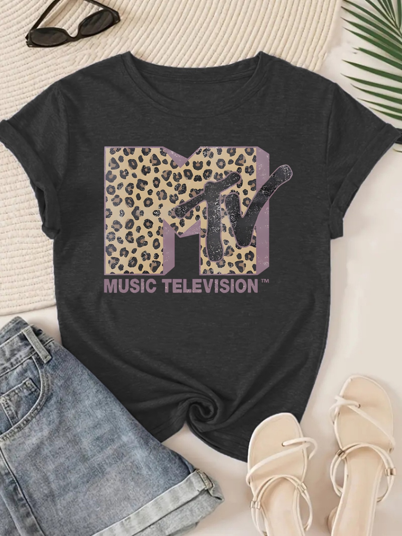 womens mtv logo leopard print short sleeve t shirt soft rayon blend breathable stretchy casual round neck top for spring summer fall machine washable everyday tee ladies t shirts   apparel   graphic shirt   shirt Product details 0