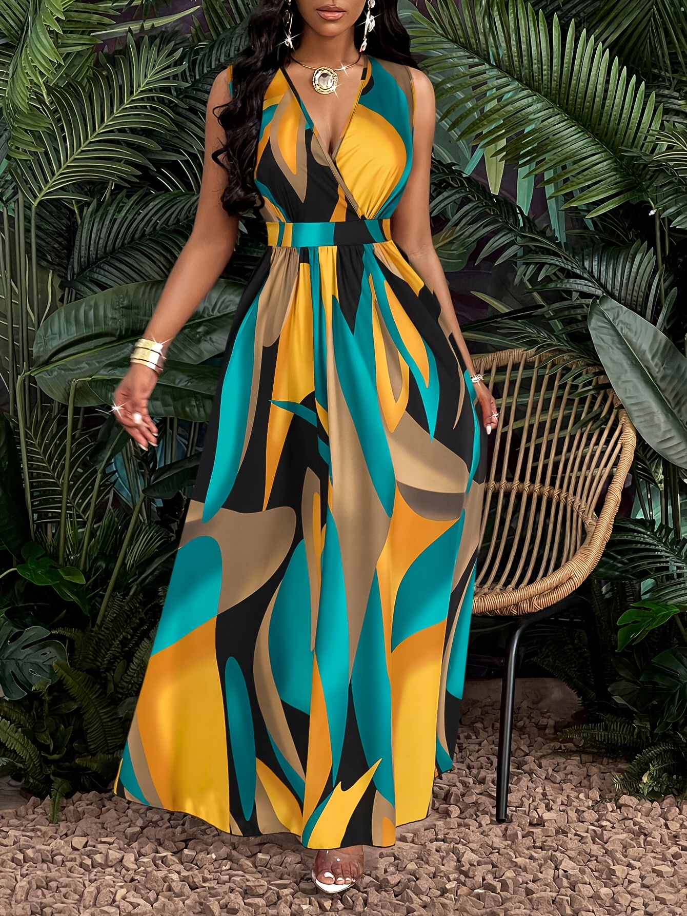 vestido maxi acampanado estampado tropical cuello   mujer - Temu Peru