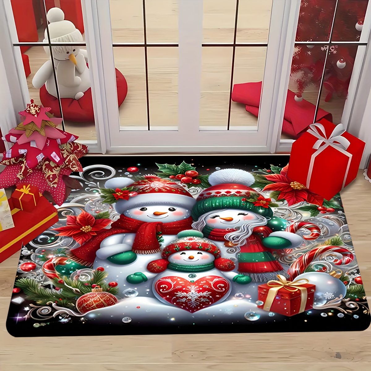 TEMU 1pc Christmas Doormat, Snowman, Christmas Flower Pattern, Christmas Decoration, Entry Doormat, Suitable For Entryway, Living Room, Bedroom,
