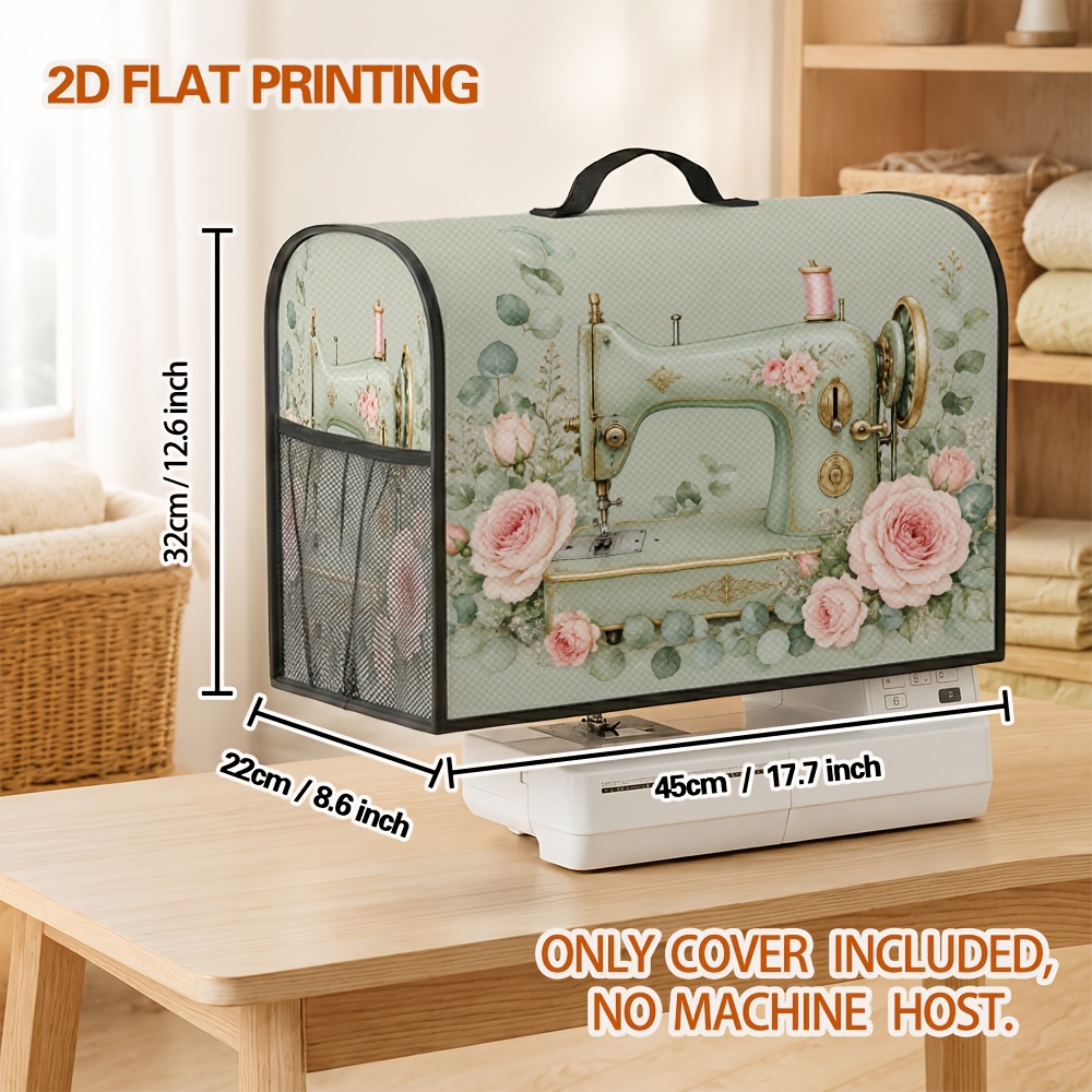 TEMU Protector antipolvo 2D para máquina de coser con diseño de rosas , con bolsillo de almacenamiento y asa de transporte, diseño de malla lateral