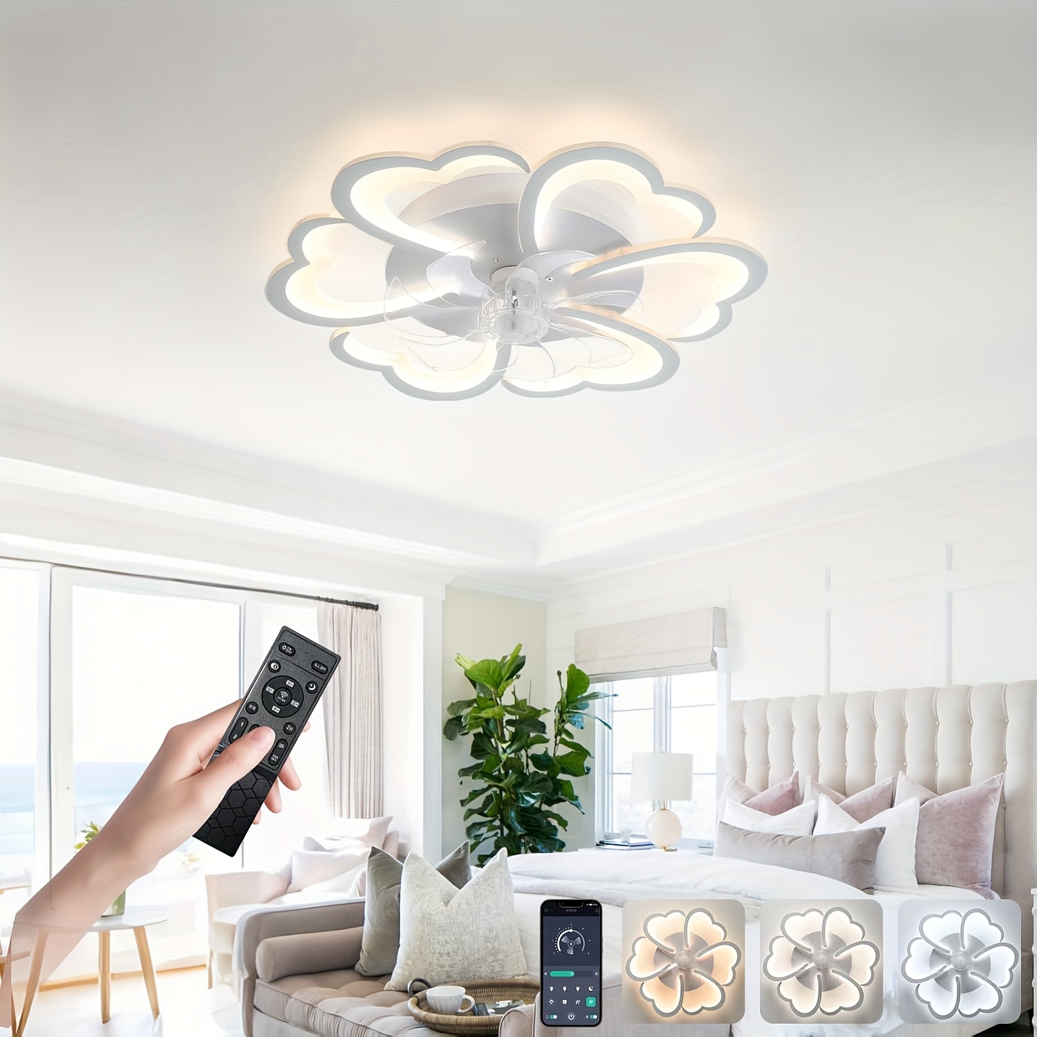 Fan With Led Light, Modern Ceiling Fans With Lighting And Remote Control, Ceiling Fan With Light, Flower Ceiling Fan Light For , For Living Room And Bedroom - White