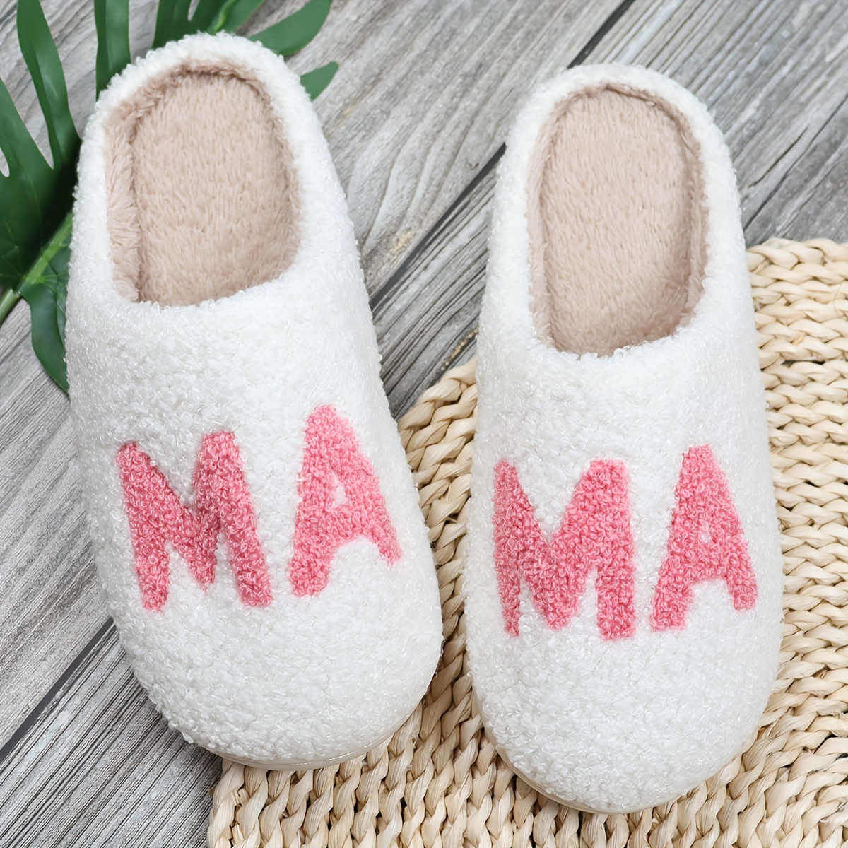 

Women's Plush Slippers, "mama" Lettering, Non-slip Indoor , Handwashable, Winter , Fabric Upper & Lining, Tpr Sole, Home & Outdoor Use