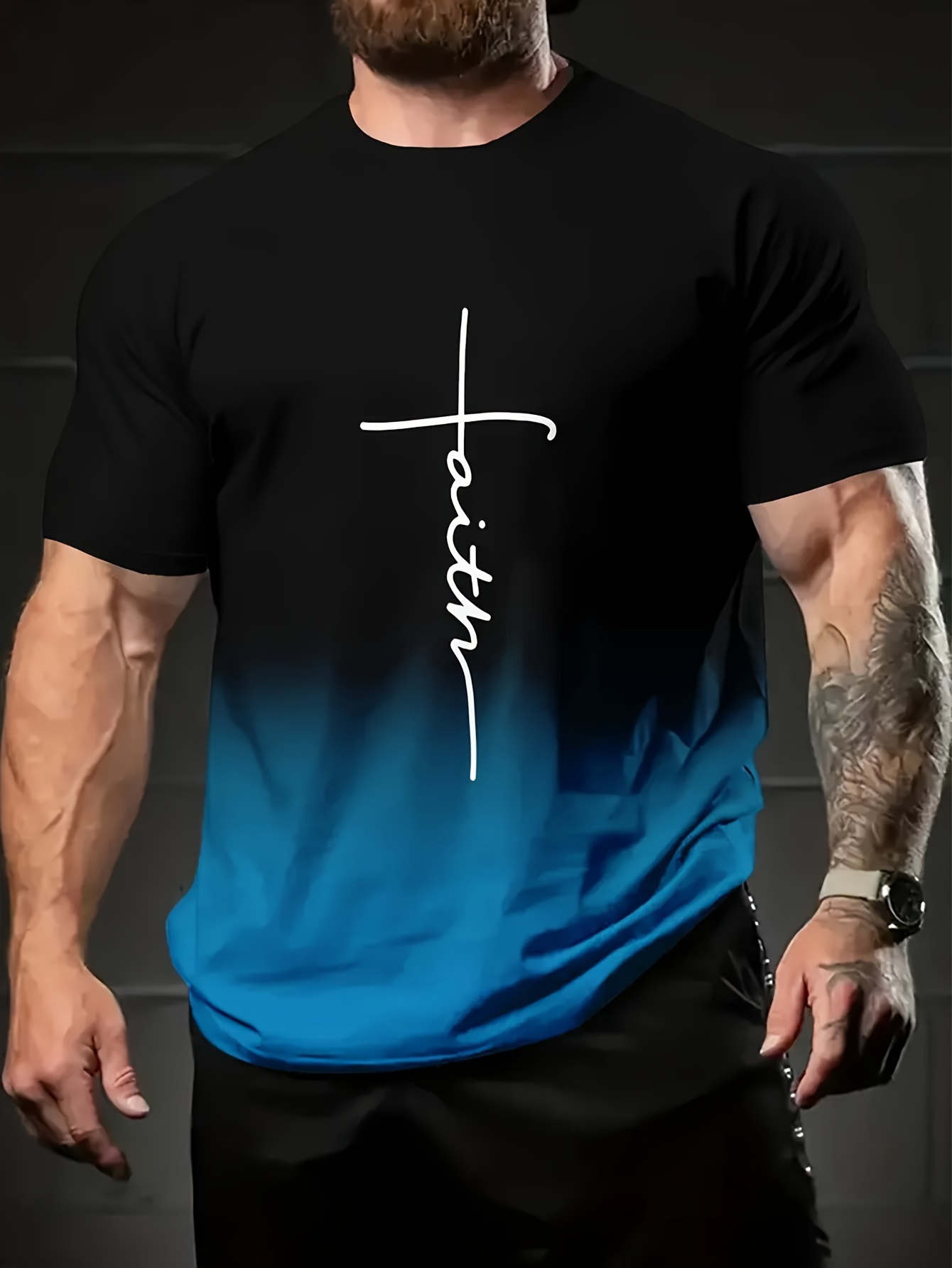 Ensemble de 5 T-shirts pour Hommes à Imprimé Dégradé - Col Rond Décontracté, Manches Courtes en Polyester Respirant pour Activités Extérieures, Lavable en Machine, de Noir à Bleu, Vert, Jaune, Gris, & Noir