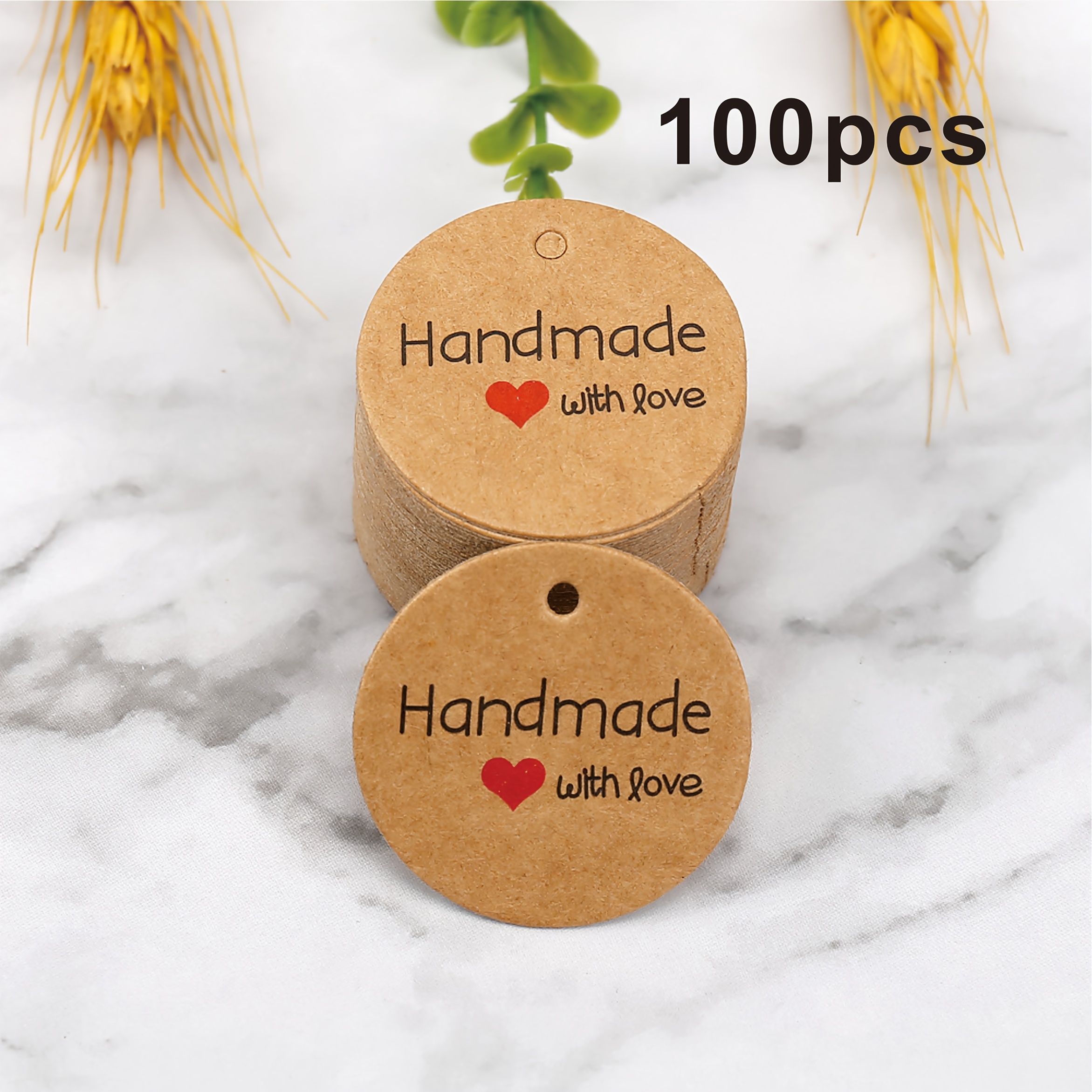 100pcs/50pcs Round Gift Tags With Rope, Handmade Heart-shaped Hang Tags, Brown White Tags, Handmade Labels With Handmade Words