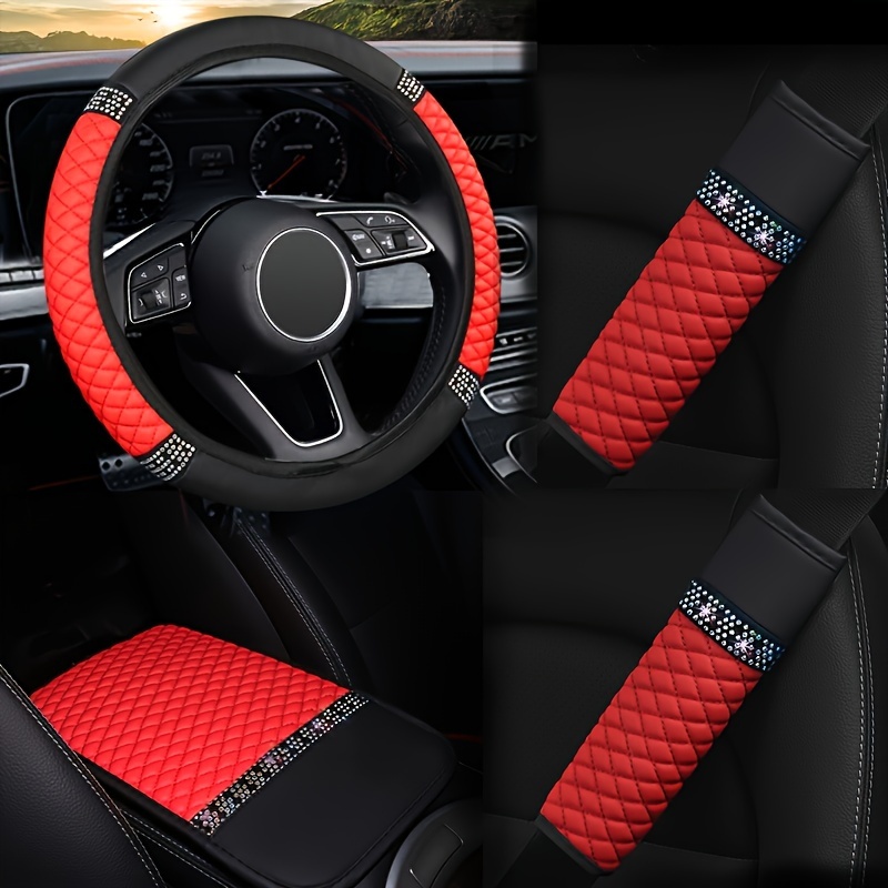 Luxury Red Polyester Steering Wheel Cover Set with Sparkling Rhinestone Detail - 4 Piece Interior Car Accessory Set for Steering Wheel, Seat Belt, and Armrest Pad Without Inner Circle.