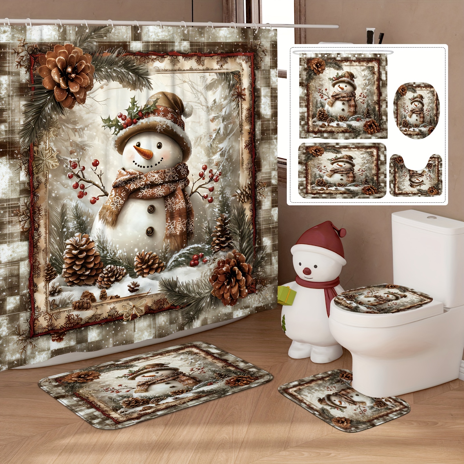 

1/4pcs Christmas Curtain Set Snowman Curtain Polyester For Bathroom Ornaments With12hooks Bath Mat Lid Mat