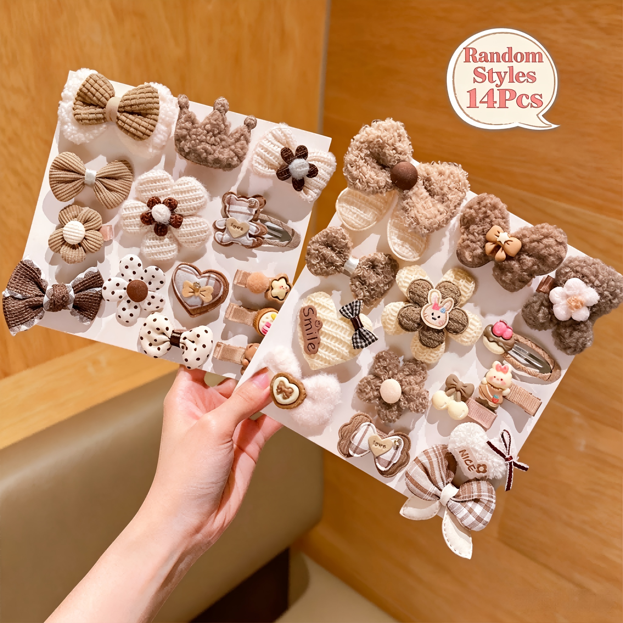 TEMU Style aléatoire 14pcs Color Hair Additions, Pince à cheveux rétro à carreaux et nœud, Frange à fleurs, Pince à cheveux à bec de canard, Barrette