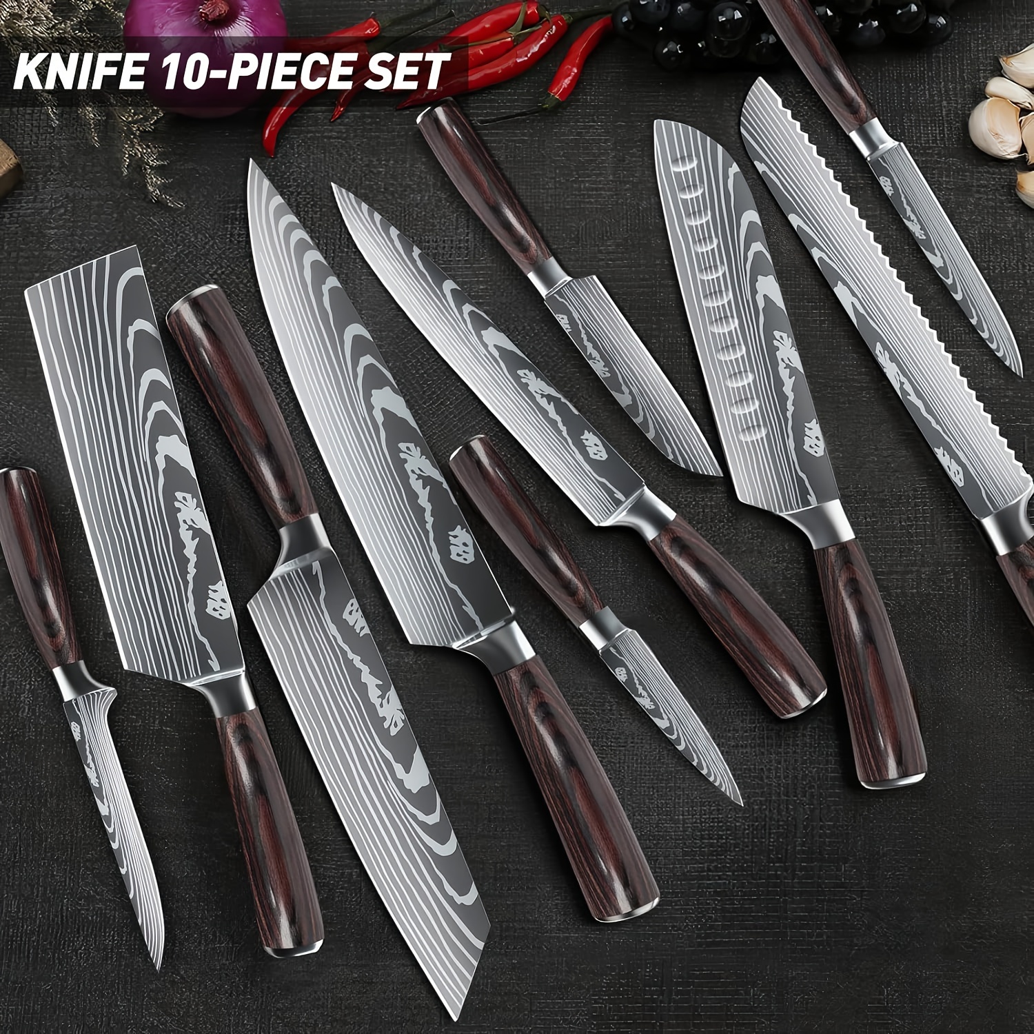 

10pcs Premium Japanese Knife Set With Wooden Handles - Damascus Steel Chef, , Bread, And Paring Knives - Ideal For Meat Slicing & Kitchen Prep