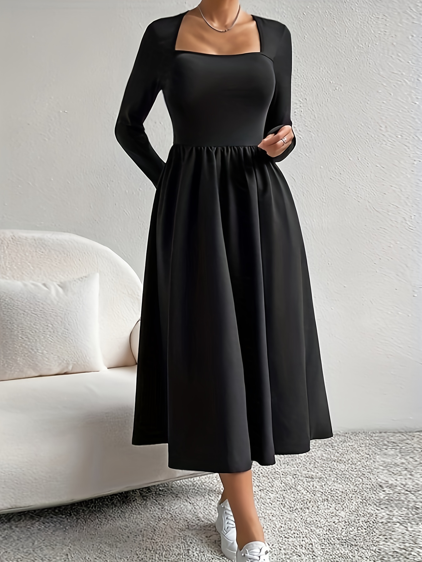 square neck long sleeve dress elegant midi solid color dress - Temu