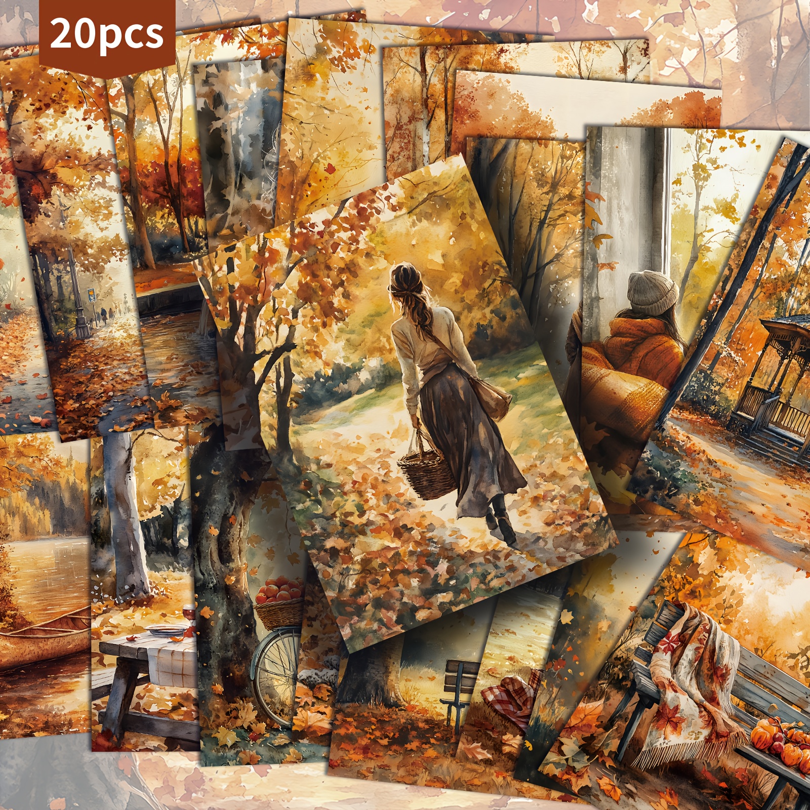 TEMU Paquete de 20 postales de papel con paisaje vintage y hojas de - Papel de 4x6 pulgadas para diario de recortes de otoño, ilustraciones clásicas