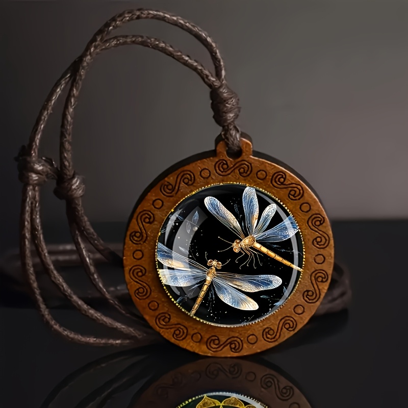 Image of Vintage Bohemian Dragonfly Pendant Necklace - Black & Wood Bead & Glass Insect Dragonfly Charm, Adjustable Cord For , Wood Beads, Boho Jewelry Gift For Birthdays, Anniversaries, Casual Attire