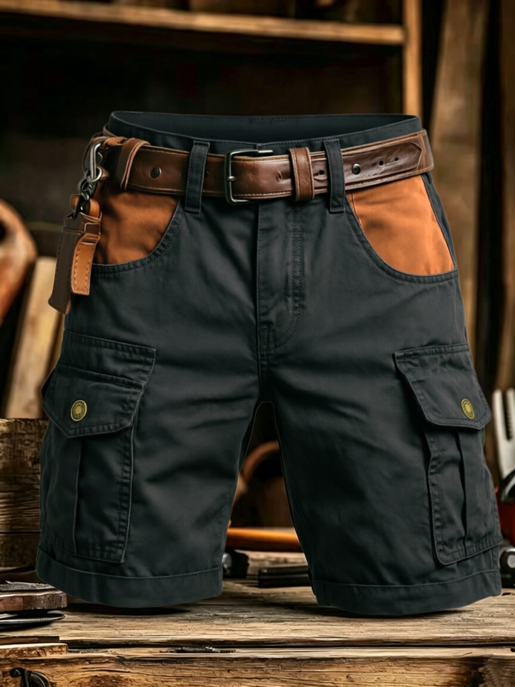 Artikelbild vintage-shorts im militärstil, brauner kontraststoff, design mit vordertasche, strapazierfähige streetwear-freizeitshorts,   für wandern  , sommerlicher freizeitstil „  für alltägliche arbeitsszenarien“