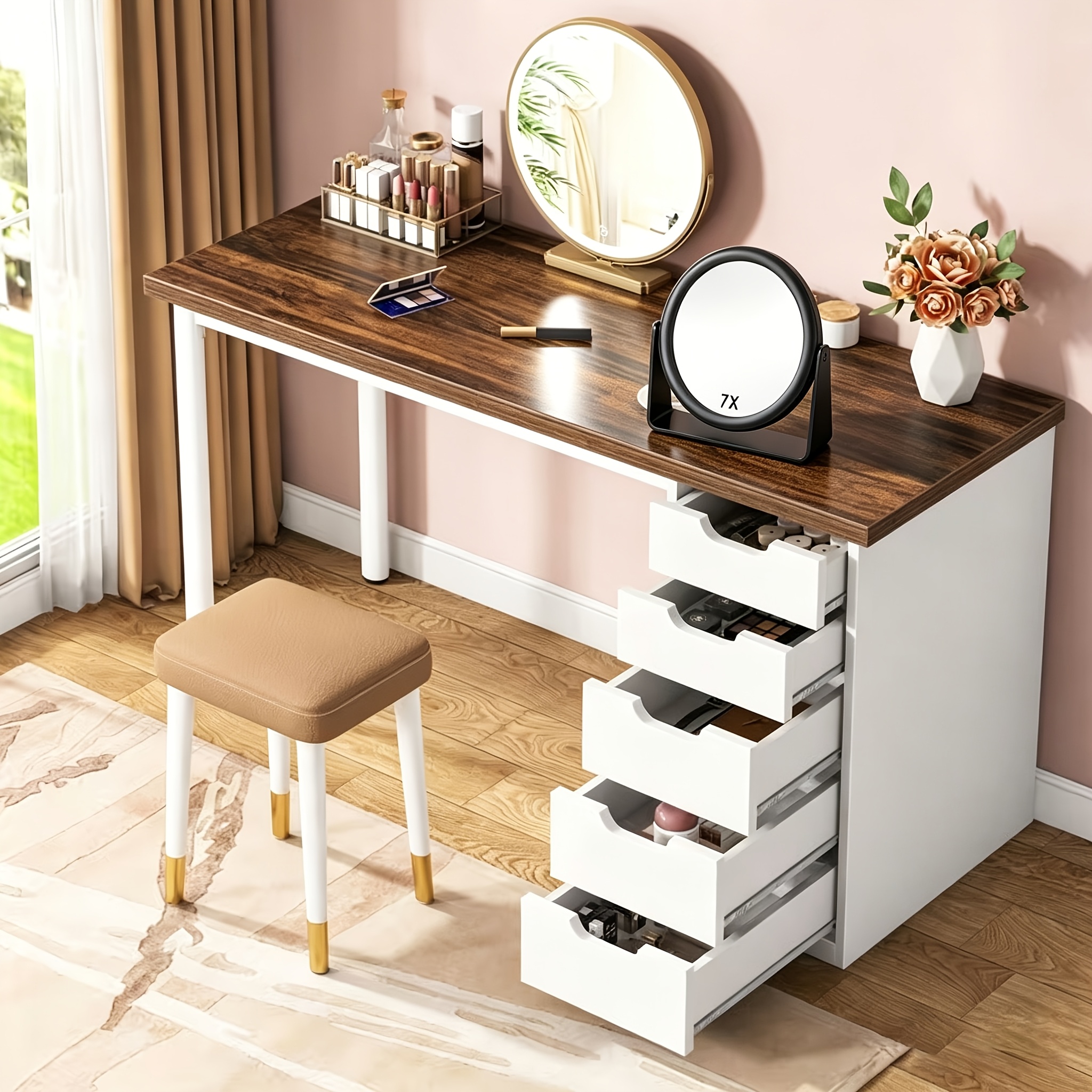 Image of 1pc Round Table Top Mounted Cosmetic Mirror Magnification 7x/1x 16.5 X 16 Cm, Double-sided Table Mirror, Travel Cosmetic Mirror, 360° Swivelling Double-sided Table Mirror With Base