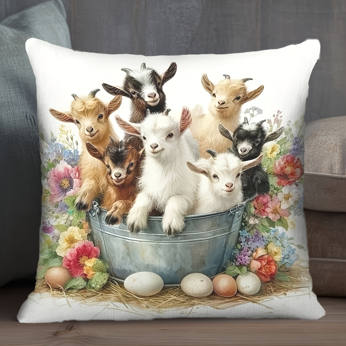 TEMU 1pc Rustic Goat Pillow Cover, 18x18 Inch, Zacht Pluche Decoratieve Kussenhoes met Schattige Geit Illustraties, Ritssluiting - Ideaal voor Sofa,