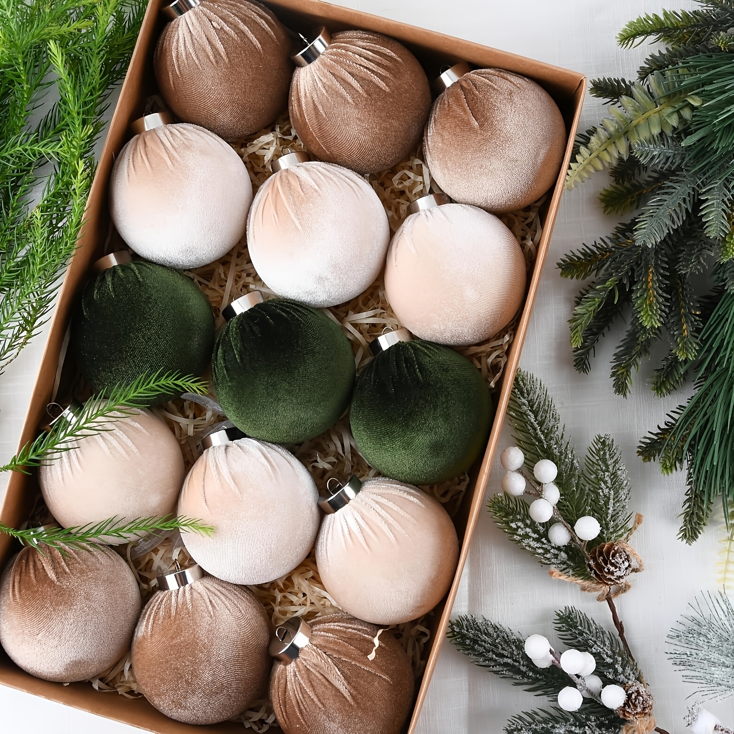 TEMU 15pcs Set Of Christmas Tree Ornaments, Velvet Baubles, Shatterproof Christmas Ball Decorations - Multicolor, Green, Brown, Neutral