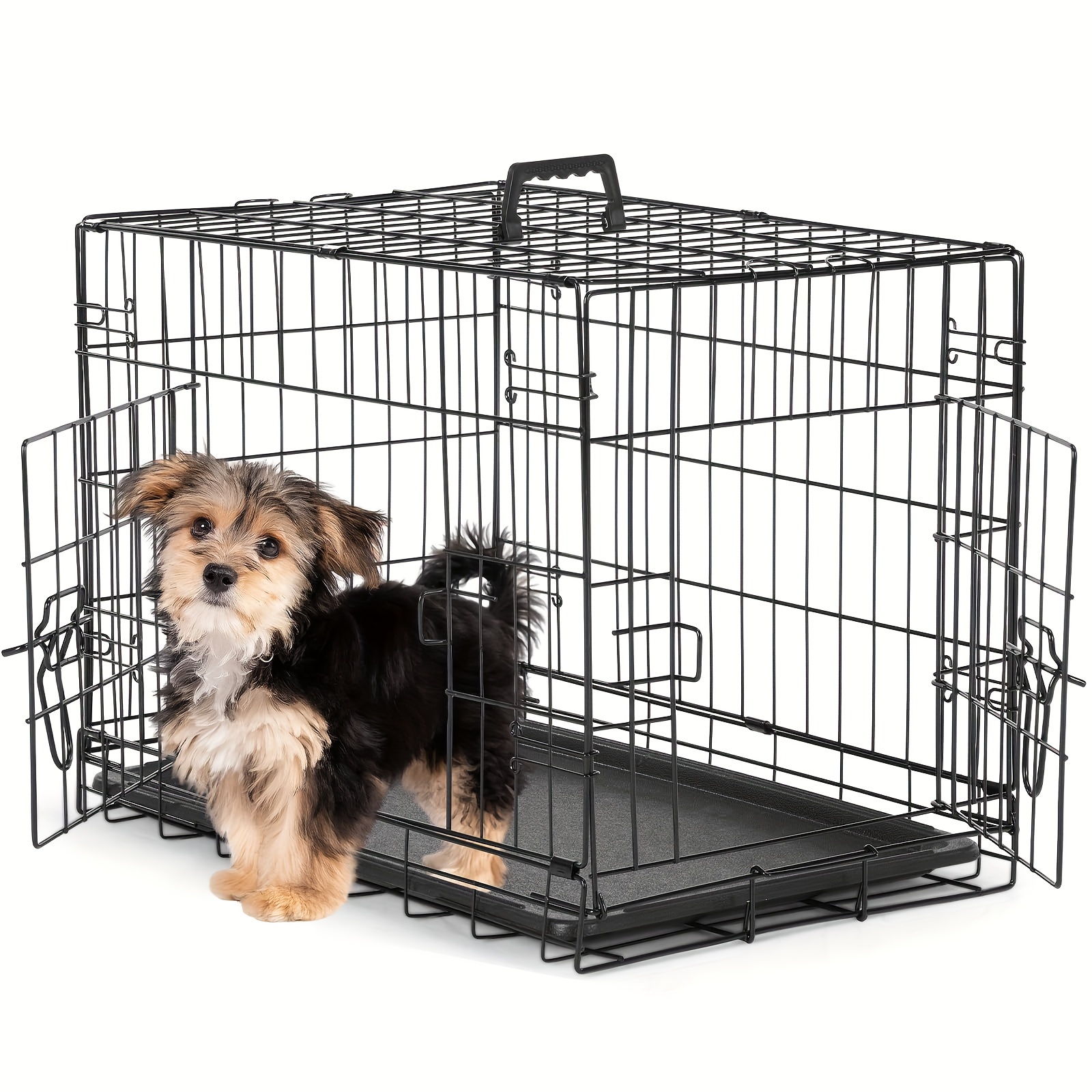 

24 Inch Double Door Small Dog Crate With Divider Panel, Folding Metal Wire Dog Cage With Plastic Leak-proof Pan Tray, Pet Kennel For Indoor