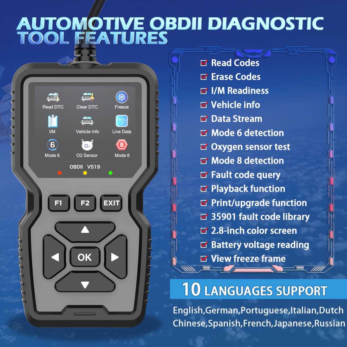 

Professional Diagnostic Scanner Tool, Usb Powered, Engine Fault Detector, Code Reader, Battery Tester, I/m Readiness, Code Eraser, 10 Language Support, For All Obd Ii Cars , Without Battery