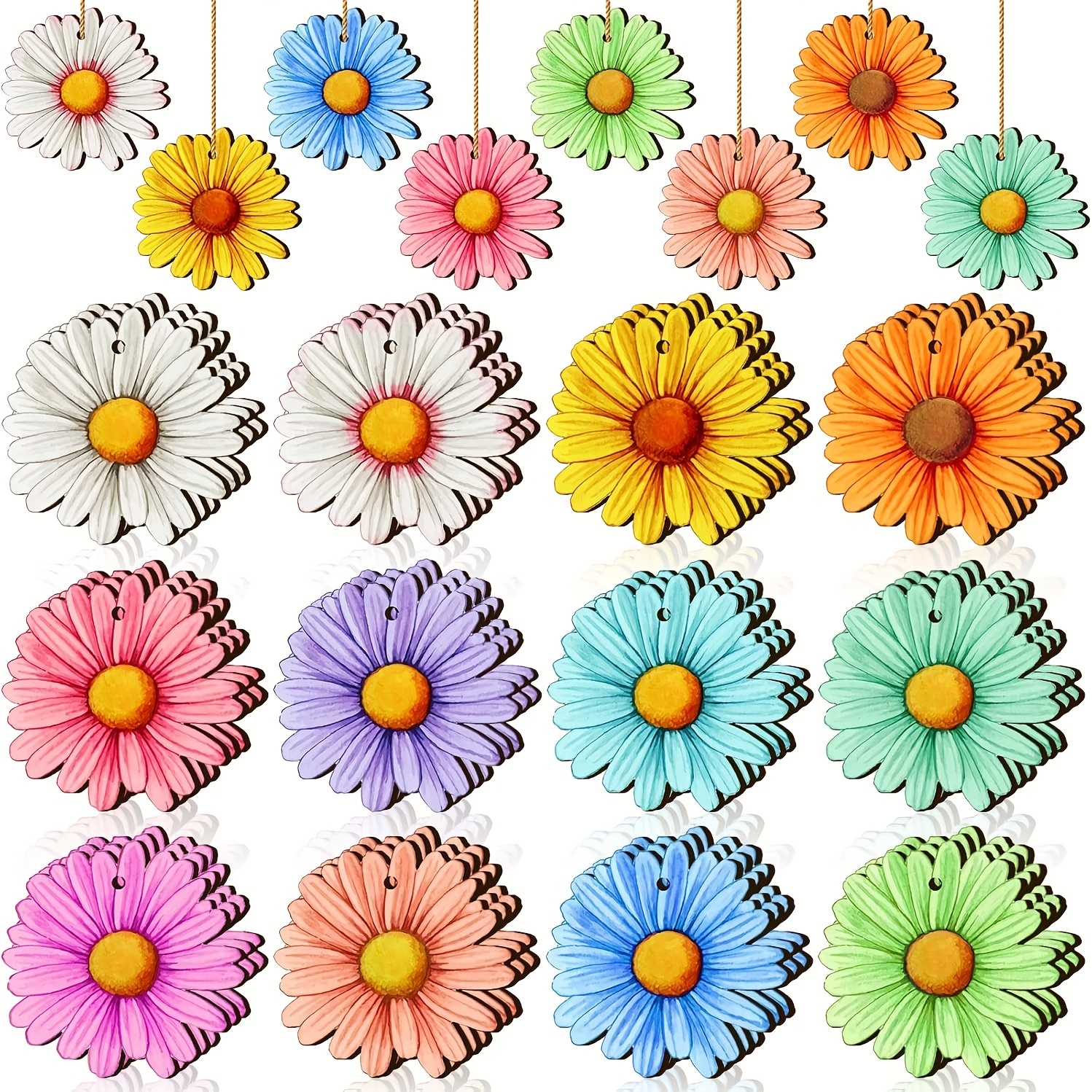 TEMU 12pcs, Tree Spring Flower Ornaments Decorative Hanging Ornaments, Hawaiian Flower Ornaments, Wooden Hibiscus Daisy Hanging Ornaments, Suitable