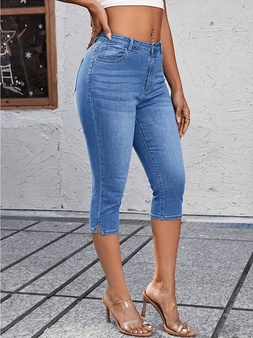 jeans capri femme dété délavé, stretch, moulant, vêtement décontracté et mode avec ouverture de pied et design tendance