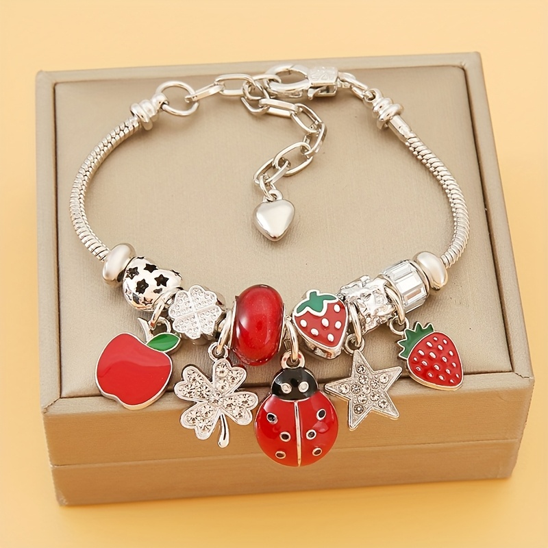 TEMU 1pc Of Fruit Style Bracelet Stainless Steel Jewelry With , Strawberry, Insect, Star, Flower, And Leaf Pendants, Suitable For Women - A