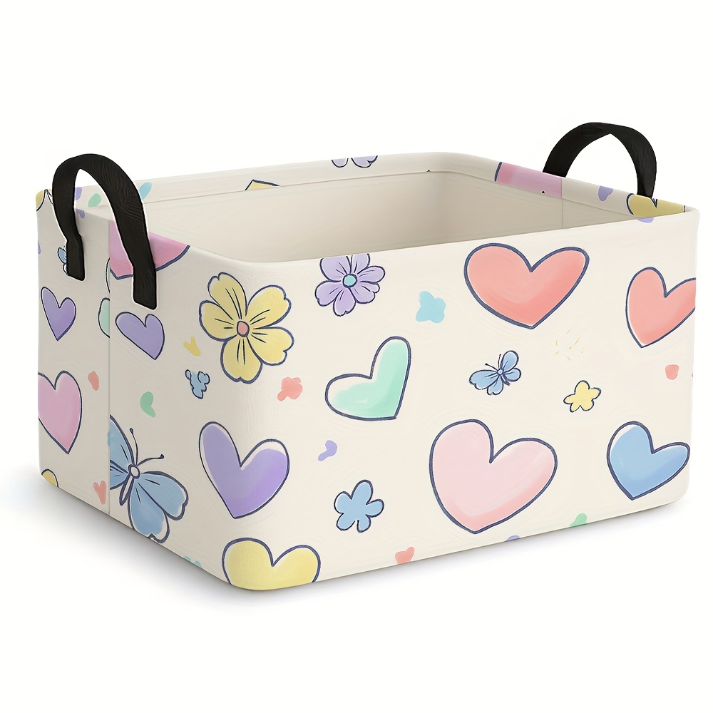 TEMU 1pc Dokriy Vibrant Heart-shaped Patterned Design, Oversized Collapsible Storage Basket, Open Storage Container, Rectangular Fabric Storage Box