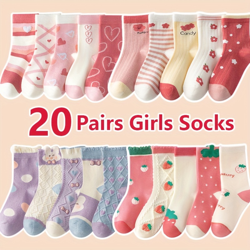 Image of 20-pair Girls' Bunny, Strawberry & Flower Socks - Soft Warm Mid-calf Knit Suitable For, Dance, Gym - & Cartoon Patterns With Bunny Ears, Strawberry - Polyester For Casual Attire