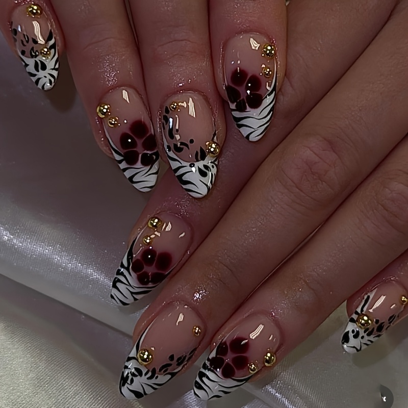 TEMU 24pcs Medium Almond Shape Press On Nails Nude White Nail Tips Fake Nails Zebra Stripe Leopard Print Flowers & 3d Three-dimensional Decoration