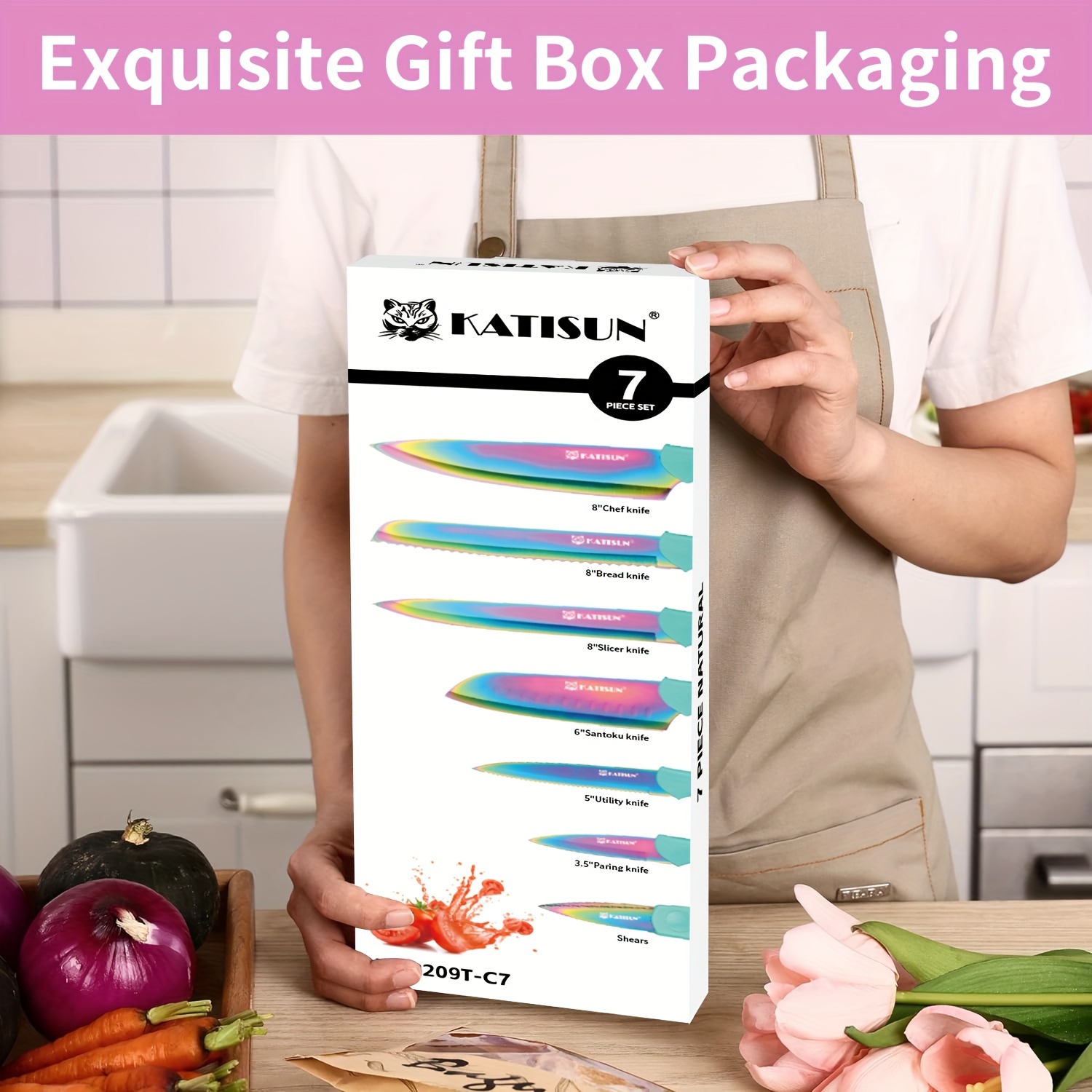 Set of 7 Rainbow Titanium Coated Stainless Steel Knives in a Box, Rust-Resistant And Dishwasher Safe, Includes 6 Knives with Blade Covers And Kitchen Scissors