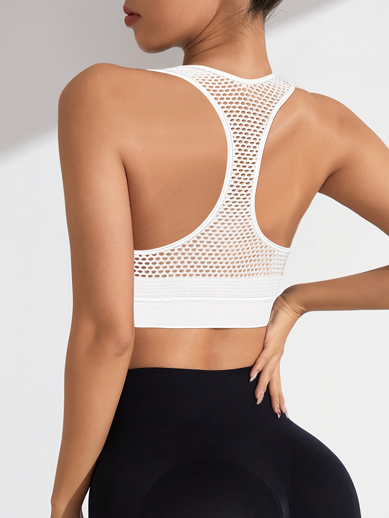 1pc Women'S Sports Bra with Zipper Back, Hollow Out Seamless, Medium Support, Removable Padding, Knit Fabric, 90% Elastane 10%, Solid Color, for Yoga Fitness & Casual Wear