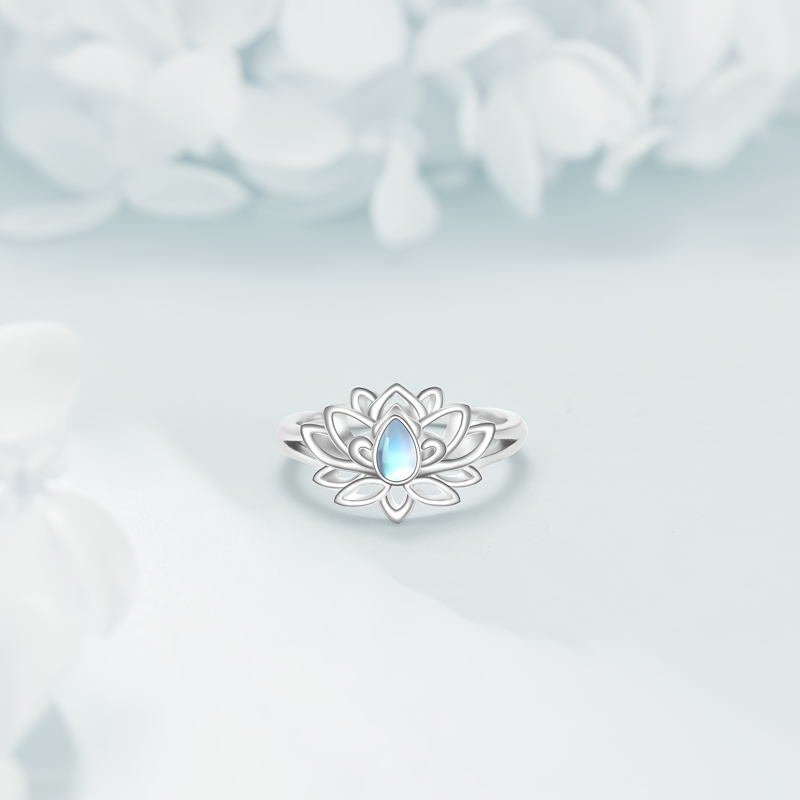 Moonstone Lotus Ring 925 Sterling Silver Flower Jewelry