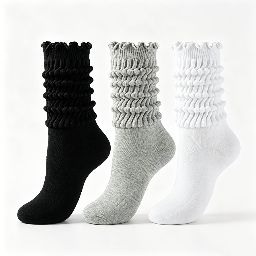 TEMU 3-pair Men's And Women's Mid-calf Socks In Black, White, And Gray With Trim, Trendy Casual And Athletic Socks