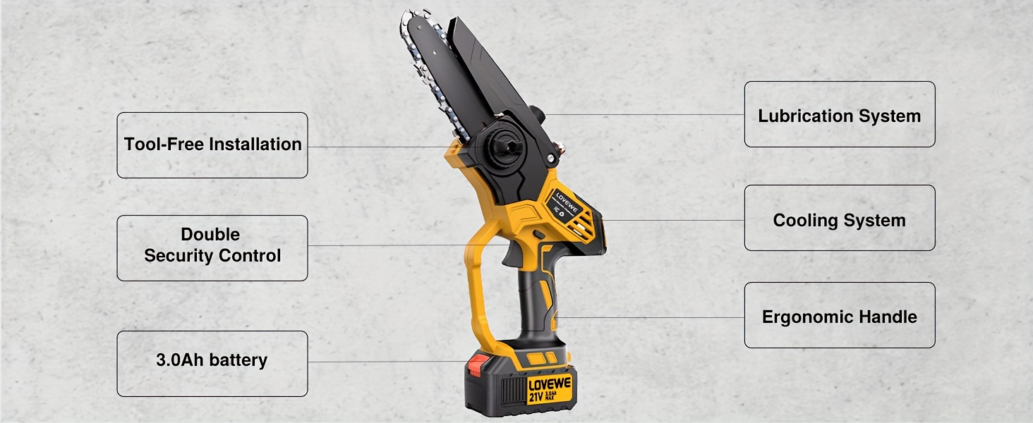 mini chainsaw cordless 6 inch handheld electric chain saw with 3 0ah battery 23ft s speed automatic chain tensioning auto oiler for tree branches courtyard household and garden details 4