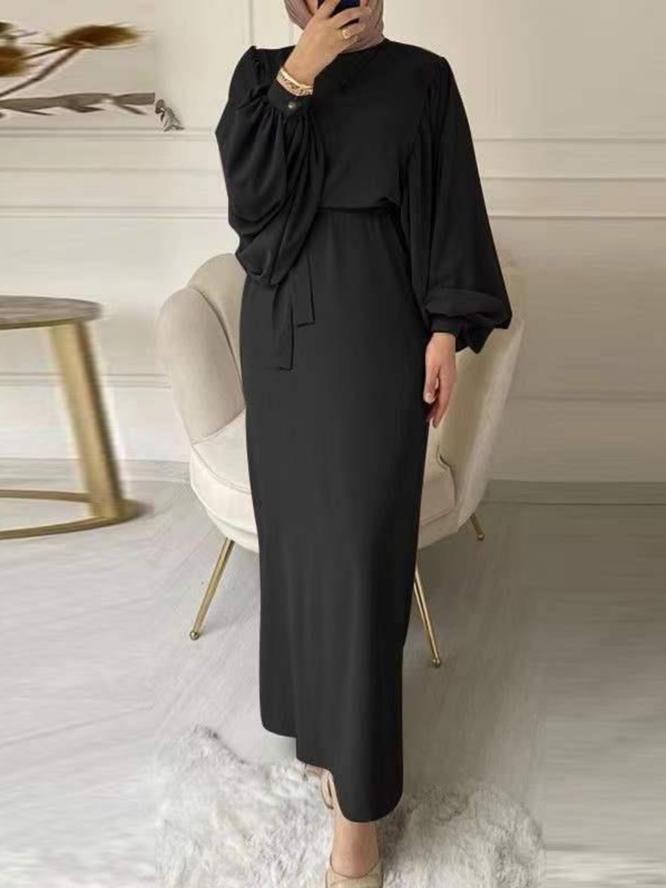 Women's Elegant Maxi Dress - Modest Abaya Gown with Belt, Flowy Long Dress  for Formal & Casual Attire, Islamic Wedding Guest Outfit - Machine Washable