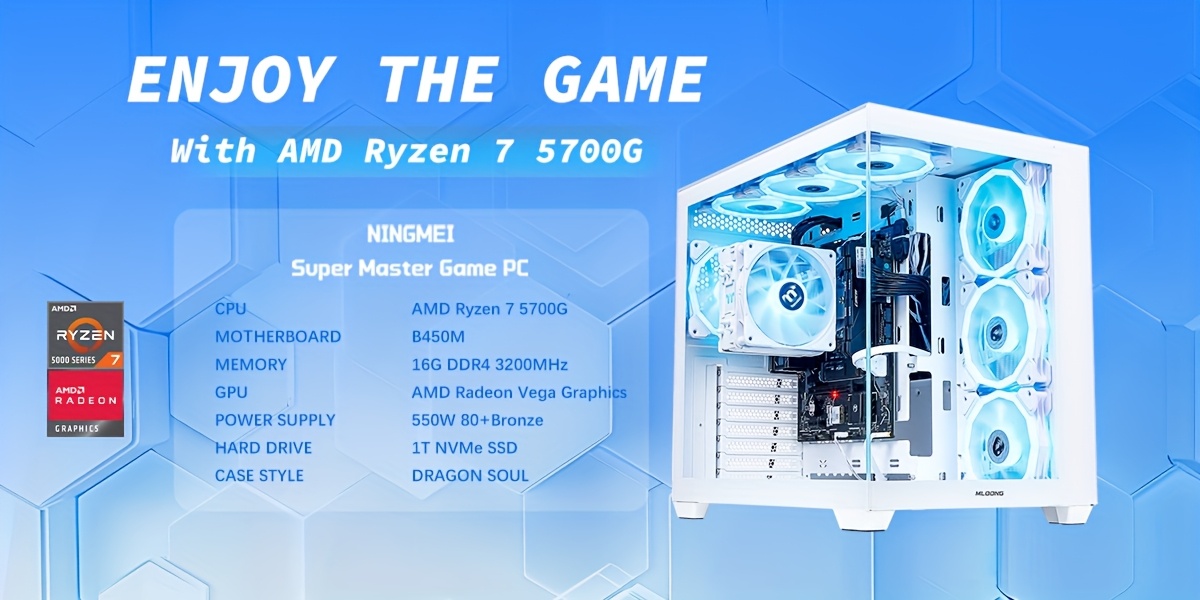 Gaming & Kantoor Desktop PC met AMD Ryzen 7 5700G, Radeon Vega 8, 16GB DDR4 RAM, 1TB SSD, 7 RGB Ventilatoren, Werkstation Computer,Multitasking PC,Compacte Desktop,Stijlvolle Computer,Hoogwaardige Componenten,Premium Bouw,Vega Grafische Kaart,Ryzen 7 Computer,Kantoorprofessionals,Streamers