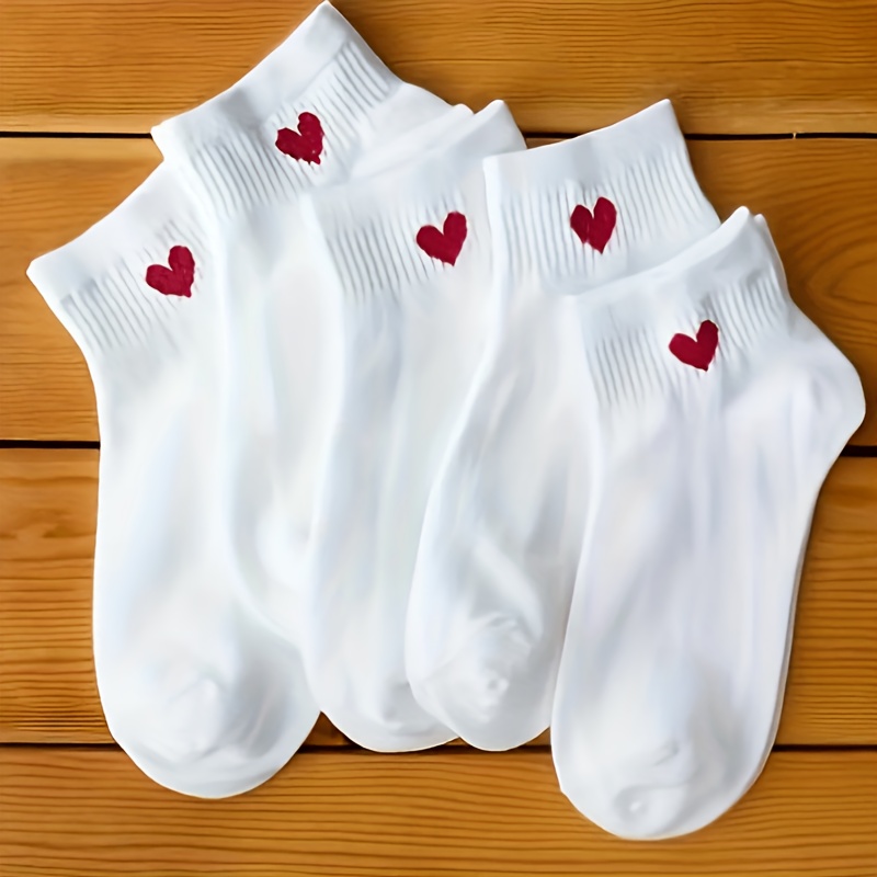 5-pair Low-cut Socks Suitable For Valentine's Day Gift, Heart Print Breathable Spring Summer Fall Ankle Socks, Solid Color Casual Athletic Casual Attire, Comfortable Low-cut Sock