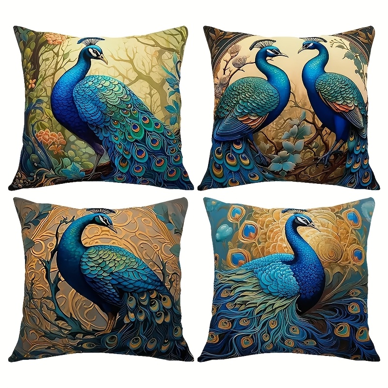 TEMU 4pcs Vintage Peacock Throw Pillow Covers, 17. 7x17. 7 Inches, Hand Washable, Zippered Polyester Cushion Covers For Bedroom Sofa Decoration (no Pillow Core), Decorative Pillow