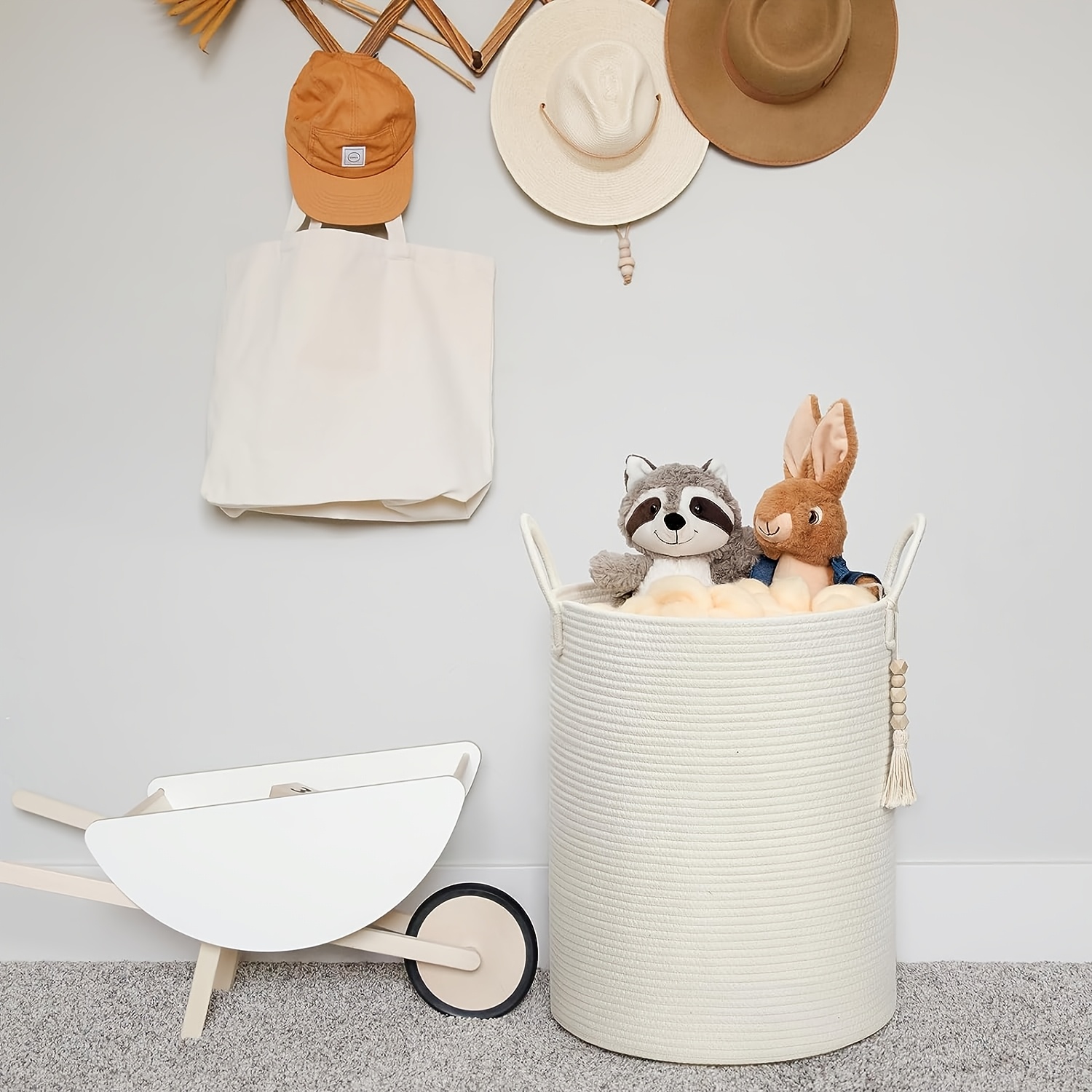 Large 65L Woven Rope Laundry Basket, Tall Hamper for Storing Dirty Clothes, Blankets, And, Ideal for Organizing in Bedrooms And Living Rooms - Collapsible - Beige, Shelf Baskets