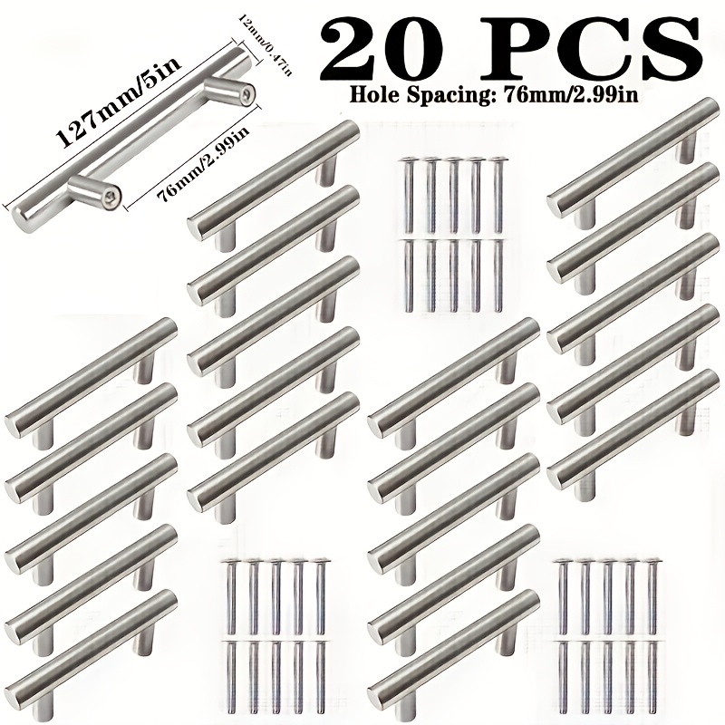 TEMU Lot de 20 poignées en T et tirettes de tiroir en acier inoxydable brossé - Quincaillerie moderne pour placard de cuisine, bureau, salle à manger