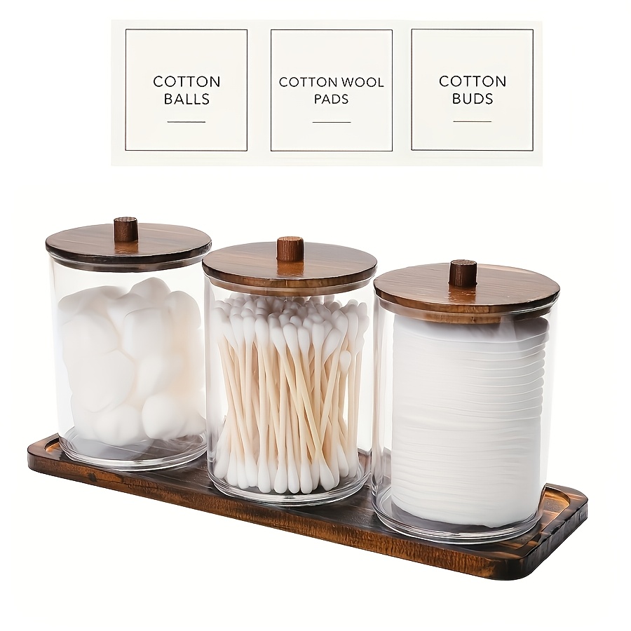 Image of Qtip Holder Dispenser Acrylic Round Containers With Labels And Lids, Perfect For Organizing Qtip Swabs, Makeup Pads, Dental Floss, 3 Pack With Tray