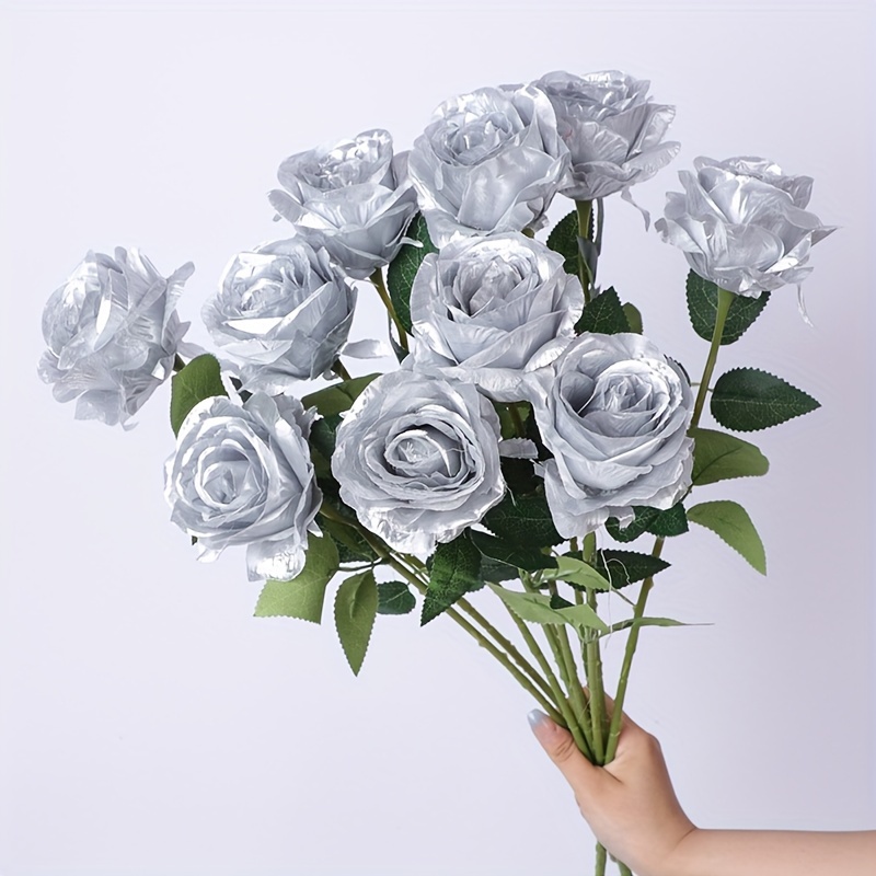 

12pcs Artificial Flower, Simulation Silvery New Year Blooming Rose Bouquet, Wedding Flower Arrangement Bouquet, Soft Wear Silk Flower Rose For Wedding Hall, For Living Room And Bedroom, Home Supplies