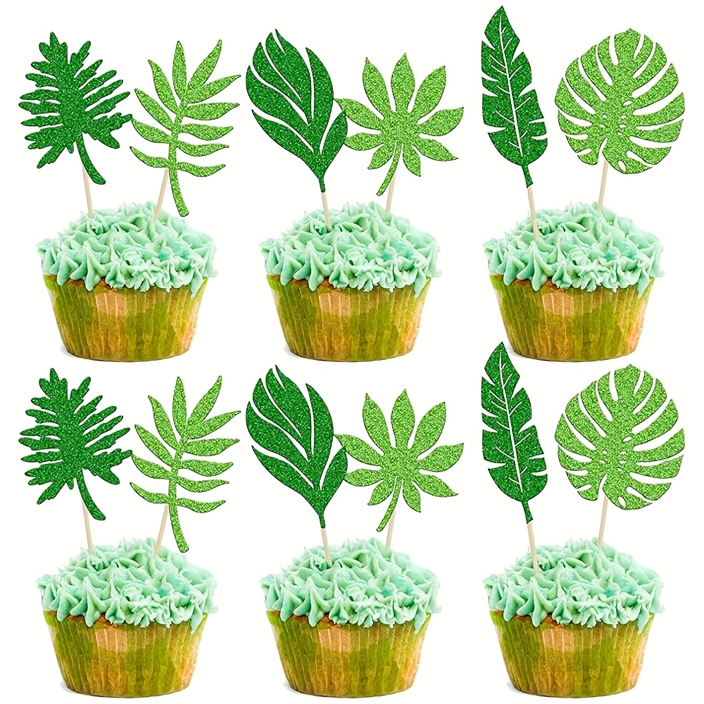 Image of 24pcs Leaves Cupcake Toppers Green Glitter Hawaii Luau Cupcake Picks Plant Leaf Summer Tropical Theme Birthday Party Cake Decorations Supplies