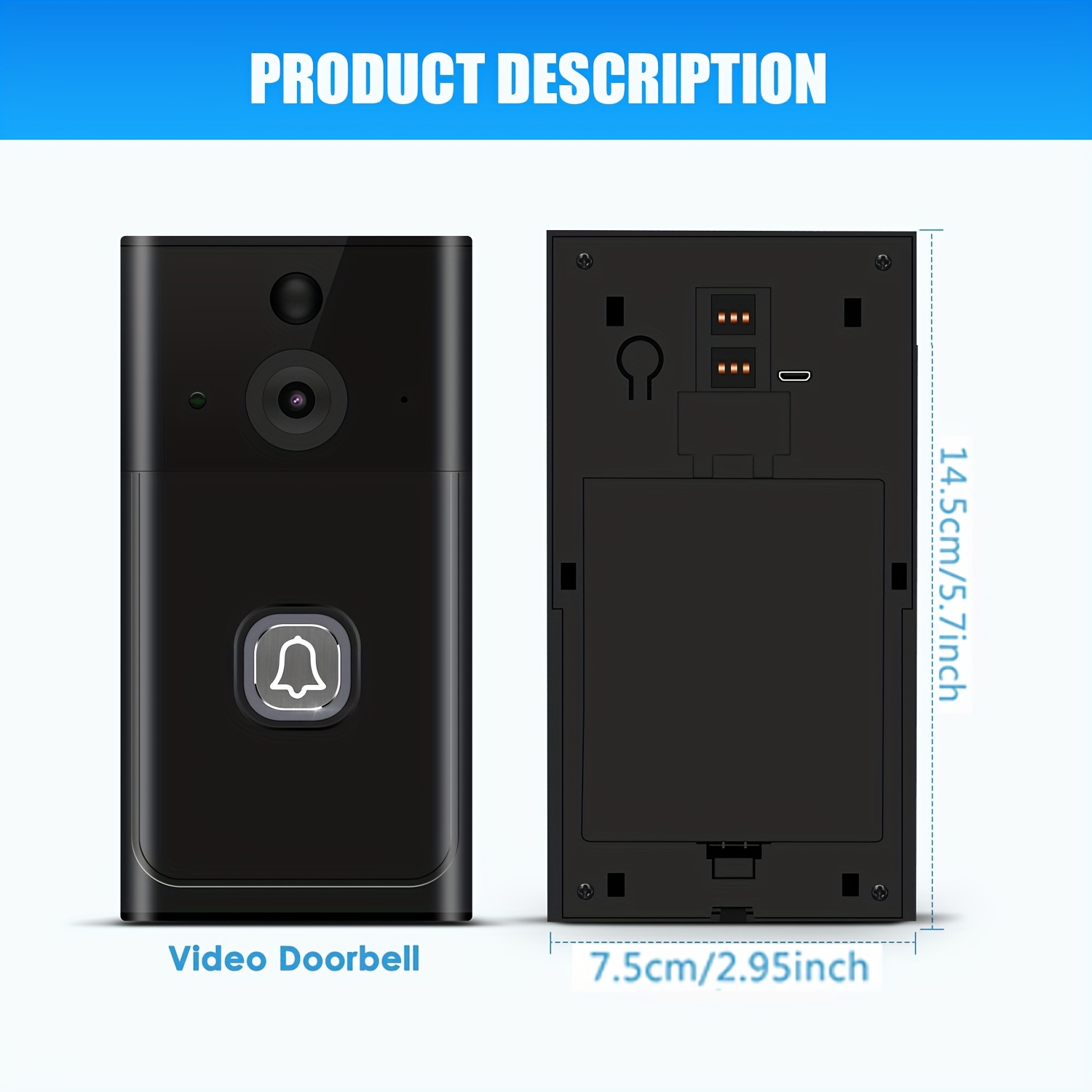 Timbre de puerta inalámbrico, audio bidireccional, video HD, cámara de timbre inalámbrico, cámara Wi-Fi con visión nocturna, alerta en tiempo real, alimentado por batería, timbre inteligente con campana, timbre de seguridad inteligente para el hogar, almacenamiento local y en la nube, fácil instalación.