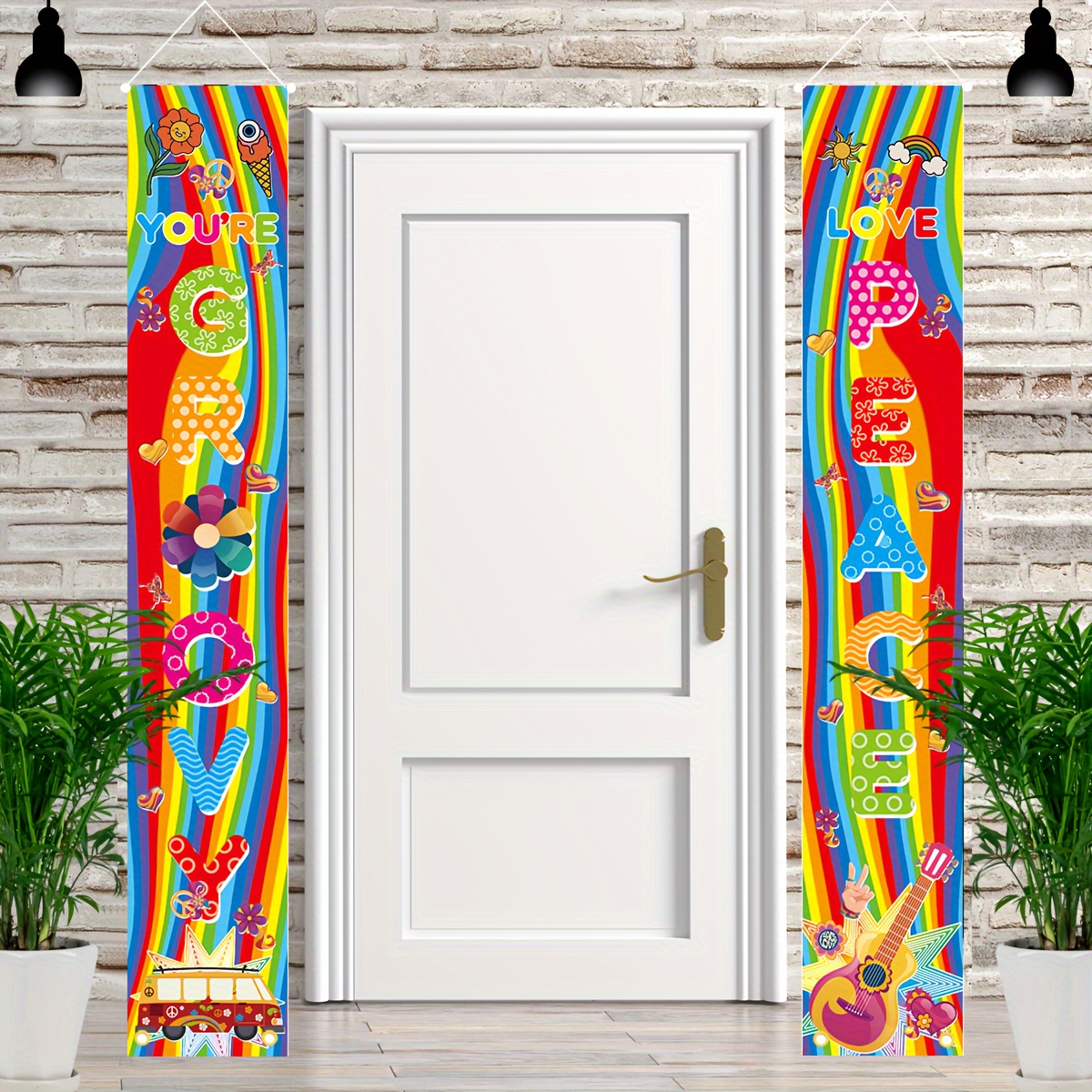 LOONELO Peace Groovy Love Porch Banner – Retro Hippie Veranda-Deko Für 60er Jahre Partys (Regenbogen-Design)
