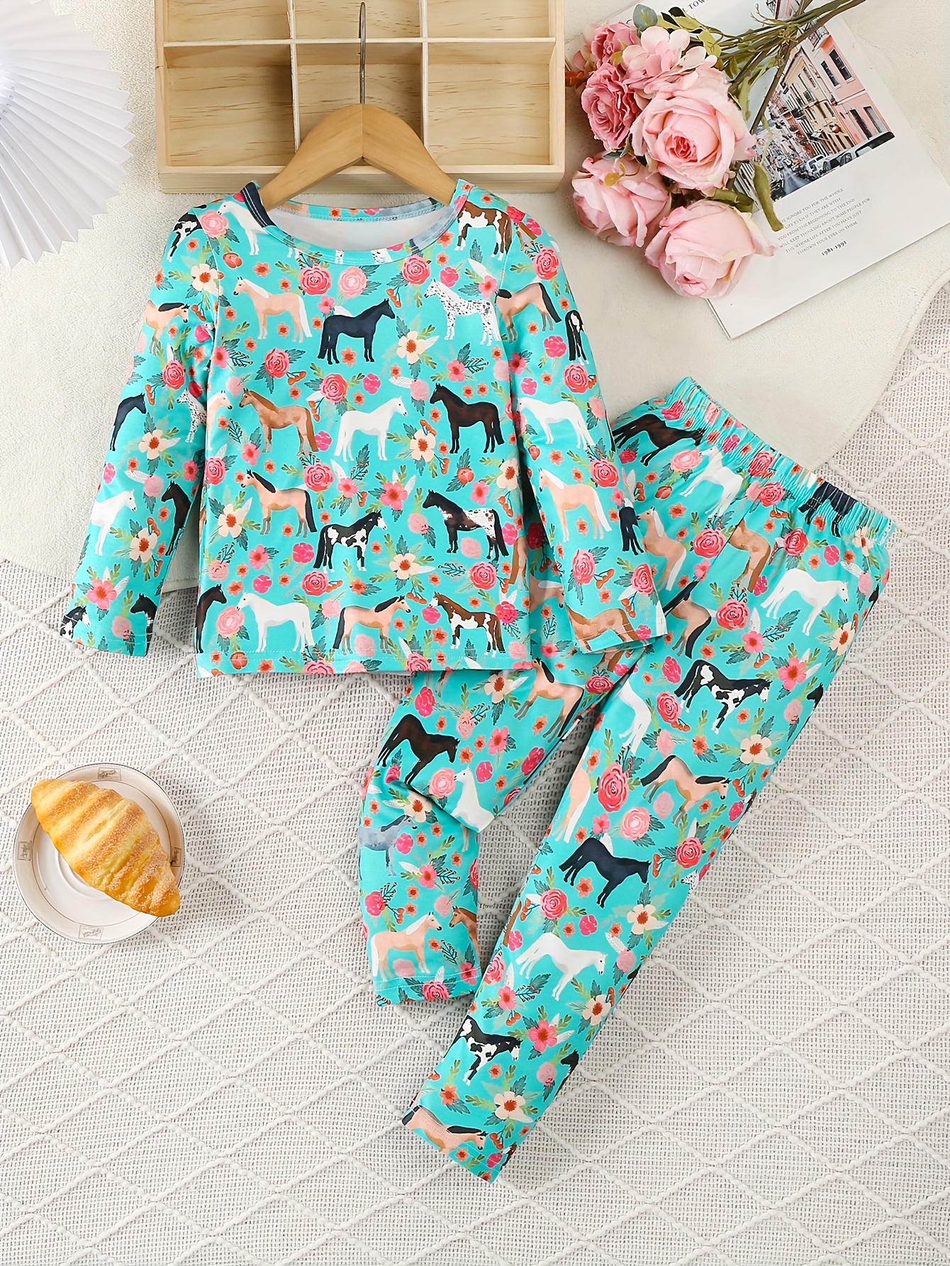 Girls' 2pcs Pajama Set Turquoise Horse Pink Flower Print Sleepwear with  Llama/ Patterns, Soft Knit-like Fabric (Turquoise/Pink), Flame-Resistant K