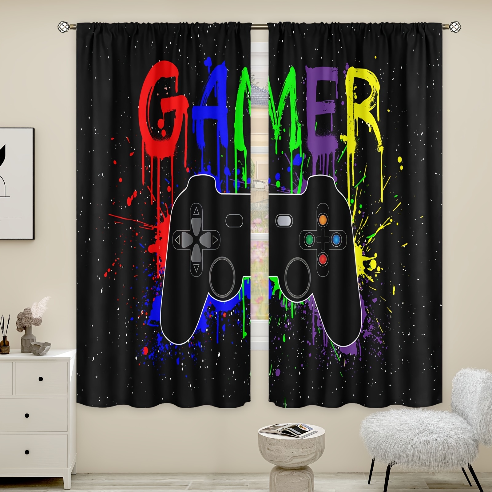 

Gamer Curtains 42wx63h Inch Rod Pocket Gaming Controller Video Game Graffiti Gamepad Cool Art Printed Men Bedroom Living Room Window Drapes Treatment Fabric 2 Panel