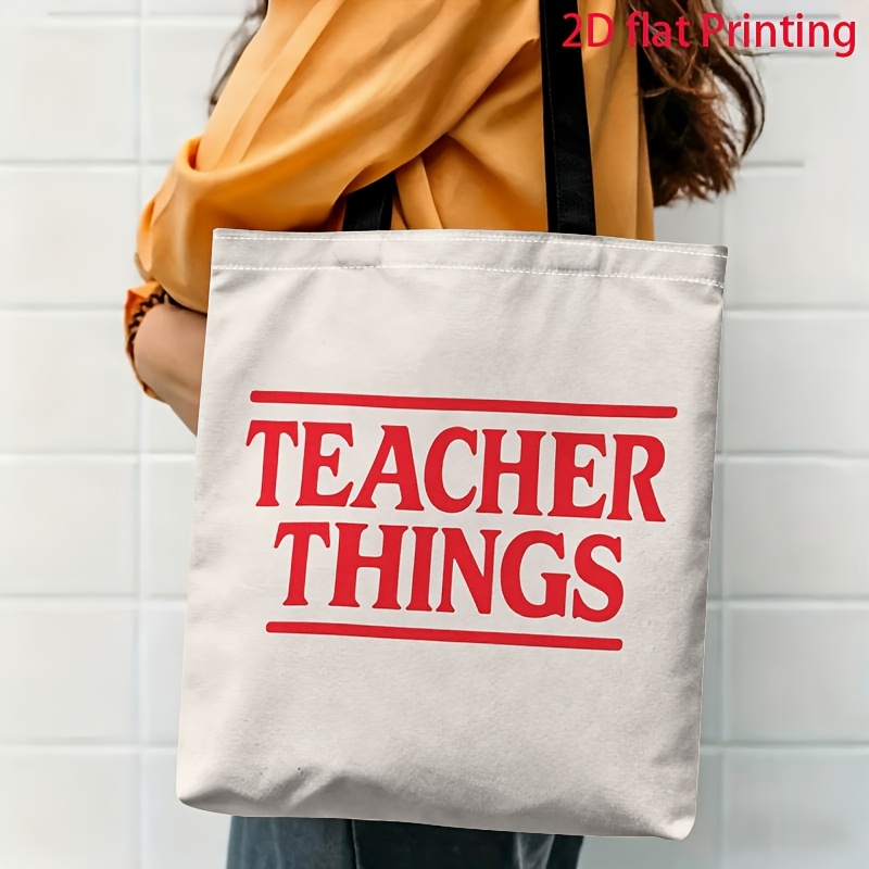 TEMU Bolso de de 1 pieza con estampado 2D de de texto "TEACHER THINGS", bolso tote elegante para trayectos diarios, bolso de multifuncional, moderno,
