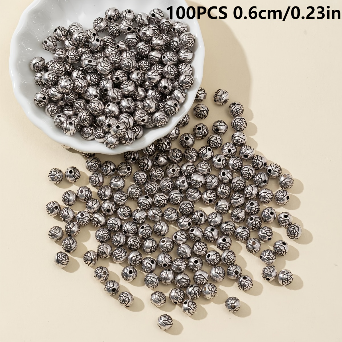 TEMU 100pcs Design Style Silvery Rose Ball Rose-shaped Loose Beads - Suitable For Creative Making, Handcrafting, And Bracelet Design - Perfect For