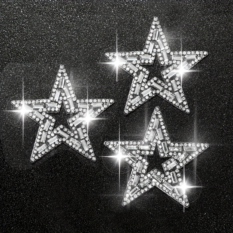 Image of 3pcs 6cmx6cm Sparkling Silvery Hollow Star Rhinestone Patches, Rhinestone Iron-on Appliques For Diy Jeans, Bags, Shoes, Hats, And Jackets Fashion Accessories