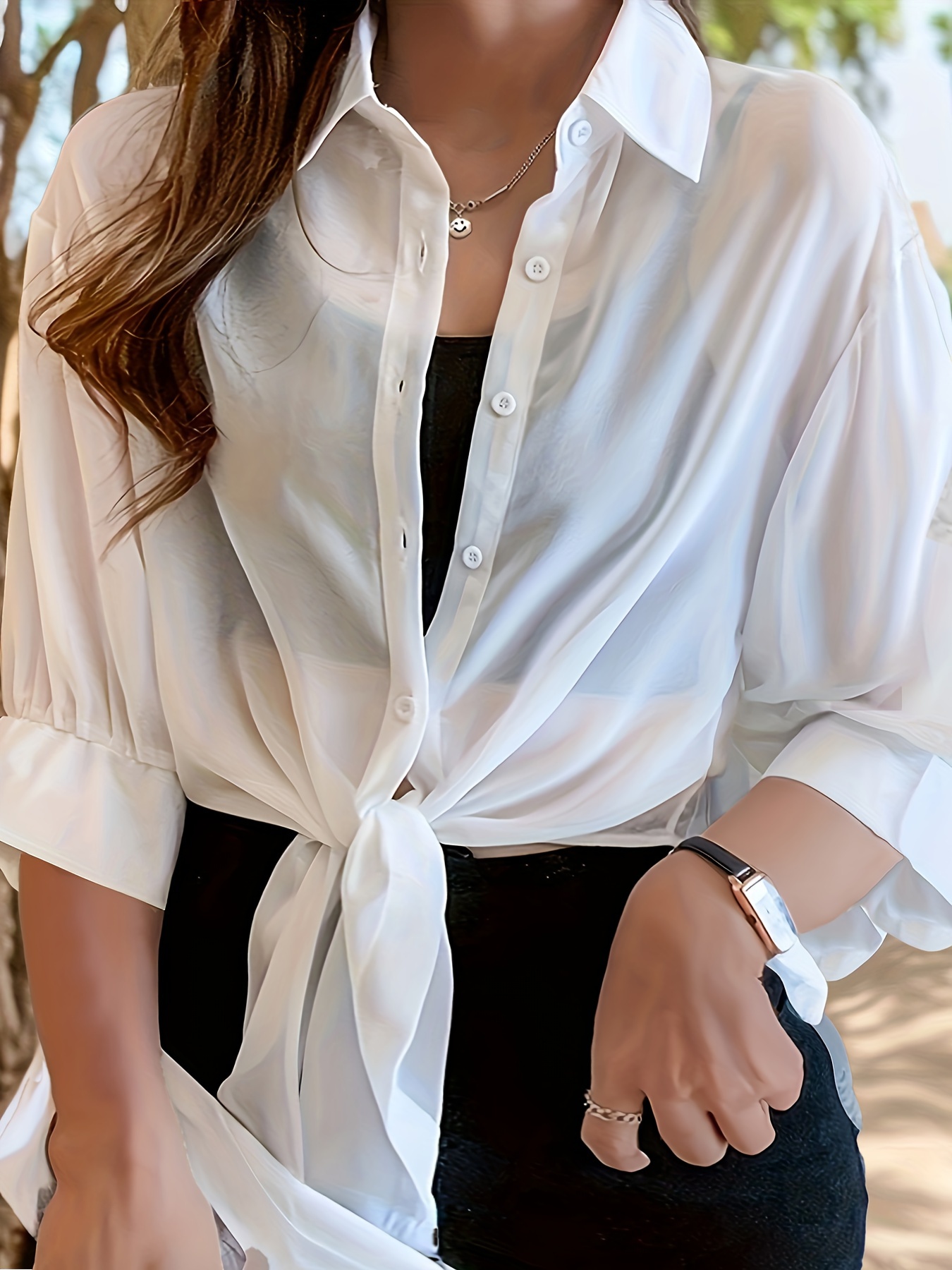 Button Solid Lapel Shirts Casual Roll Sleeve Blouse Women's - Temu
