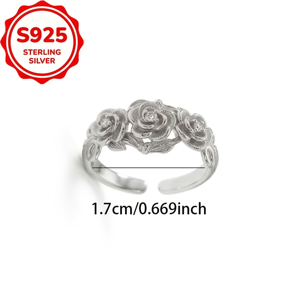S925 Silver Inlaid Zirconia Retro Three Flowers Ring